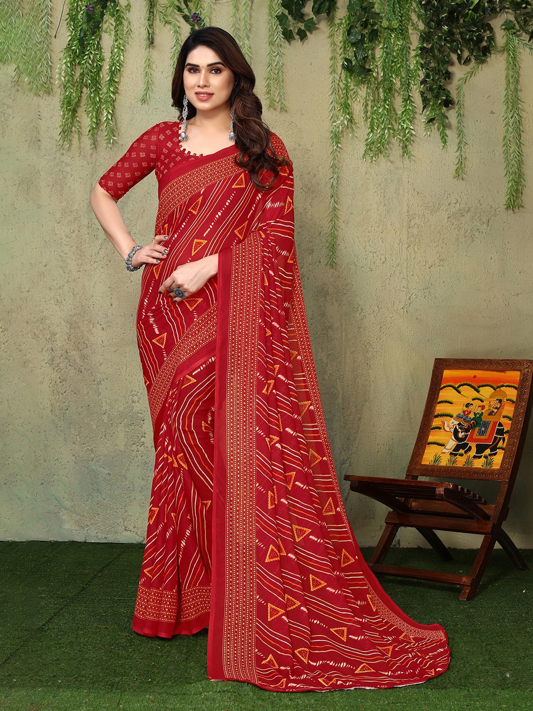 

ANAND SAREES Geometric Printed Saree, Red