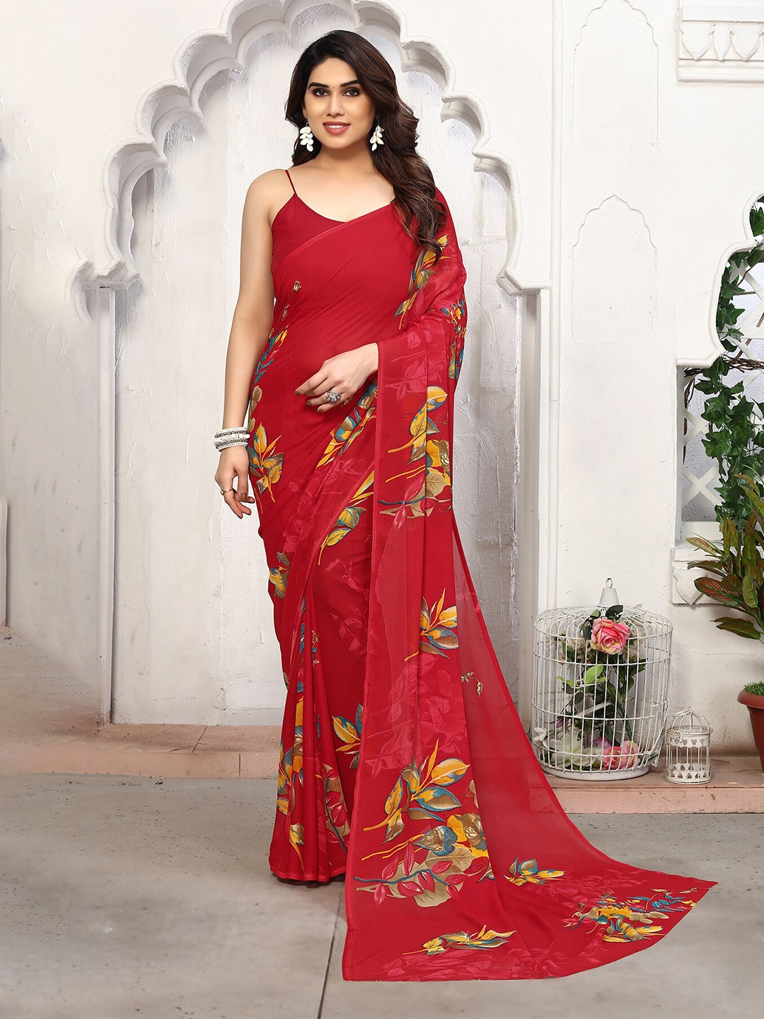 

ANAND SAREES Floral Printed Saree, Red