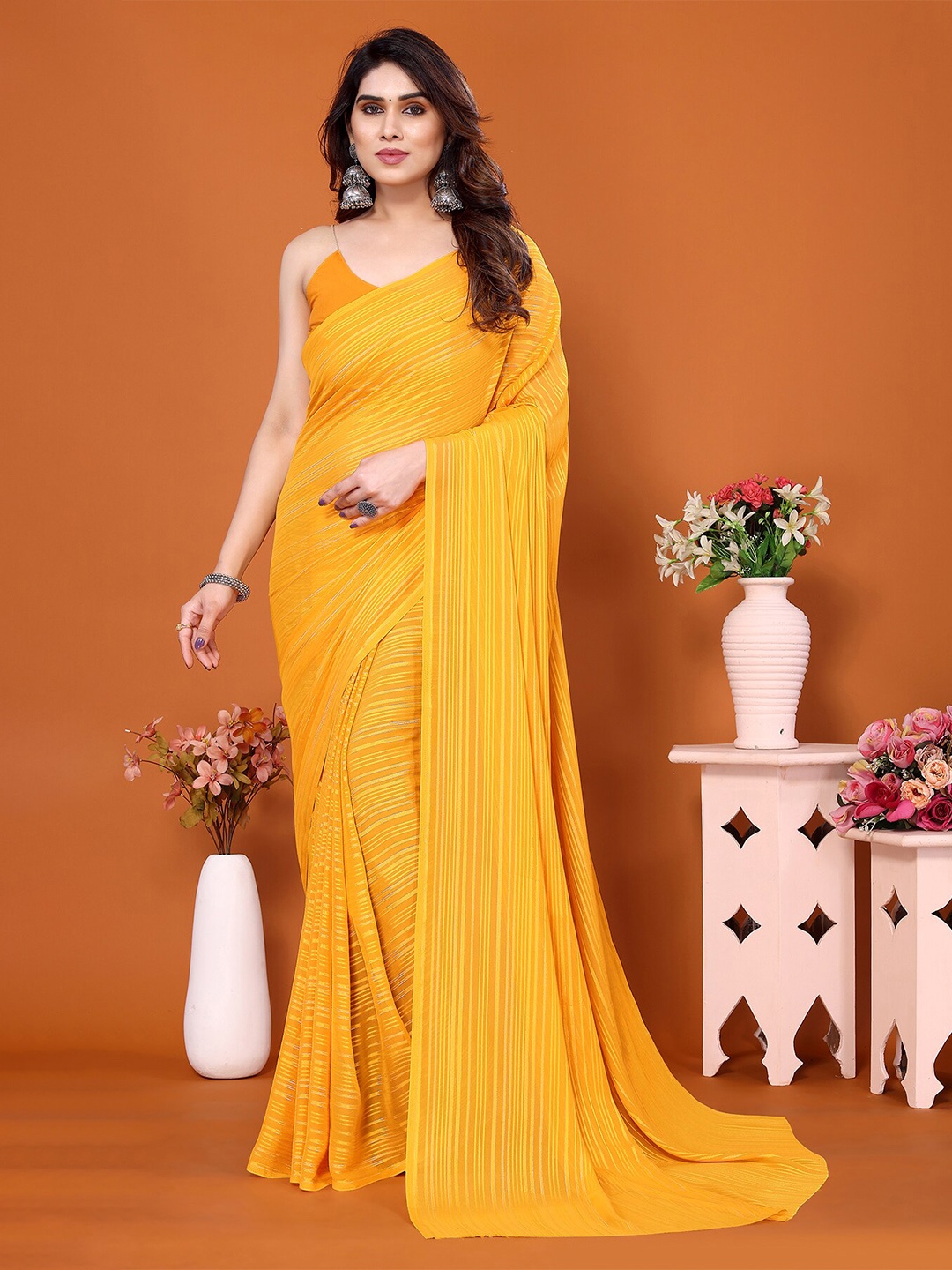 

Moda Rapido Striped Satin Saree, Yellow