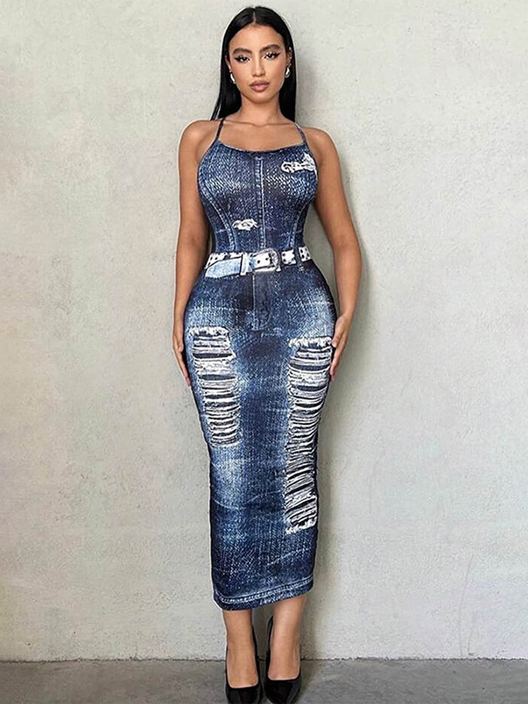 

LULU & SKY Graphic Printed Shoulder Straps Cut Out Bodycon Dress, Blue