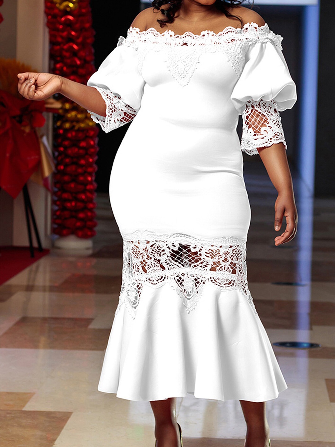 

LULU & SKY Self Design Off-Shoulder Lace Inserts Sheath Midi Dress, White