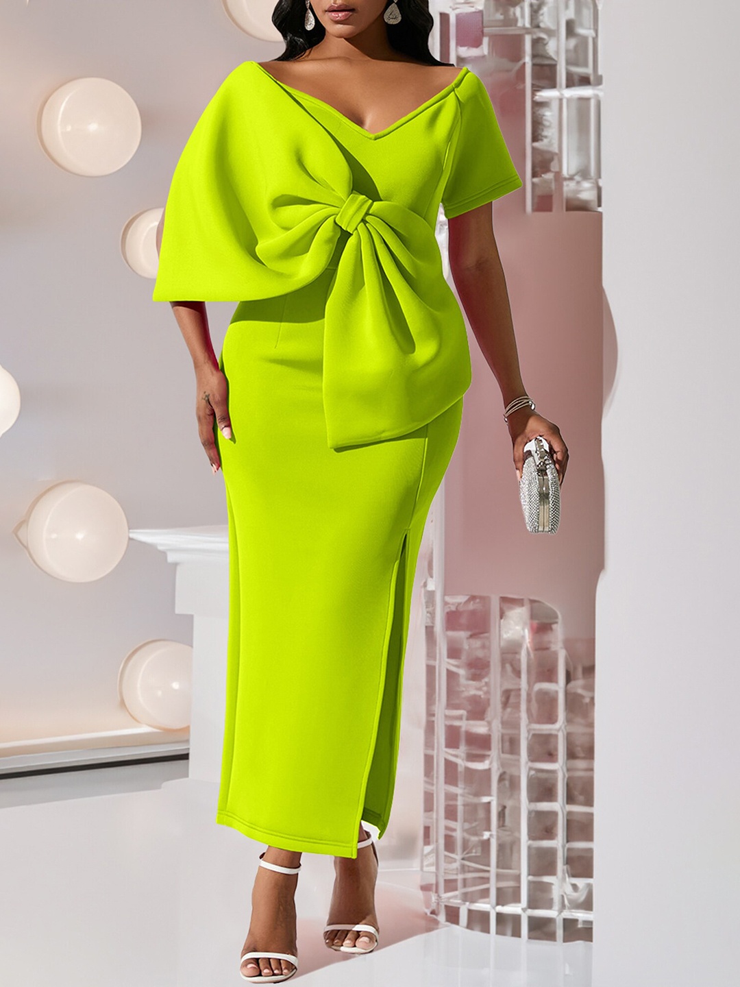 

LULU & SKY Bow Detailed V-Neck Maxi Dress, Green