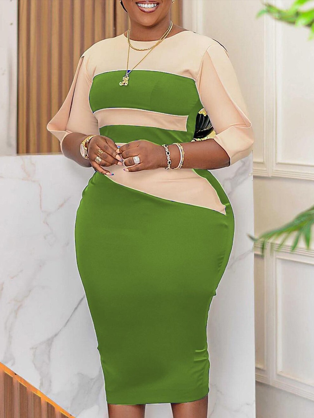 

LULU & SKY Colourblocked Bodycon Midi Dress, Olive