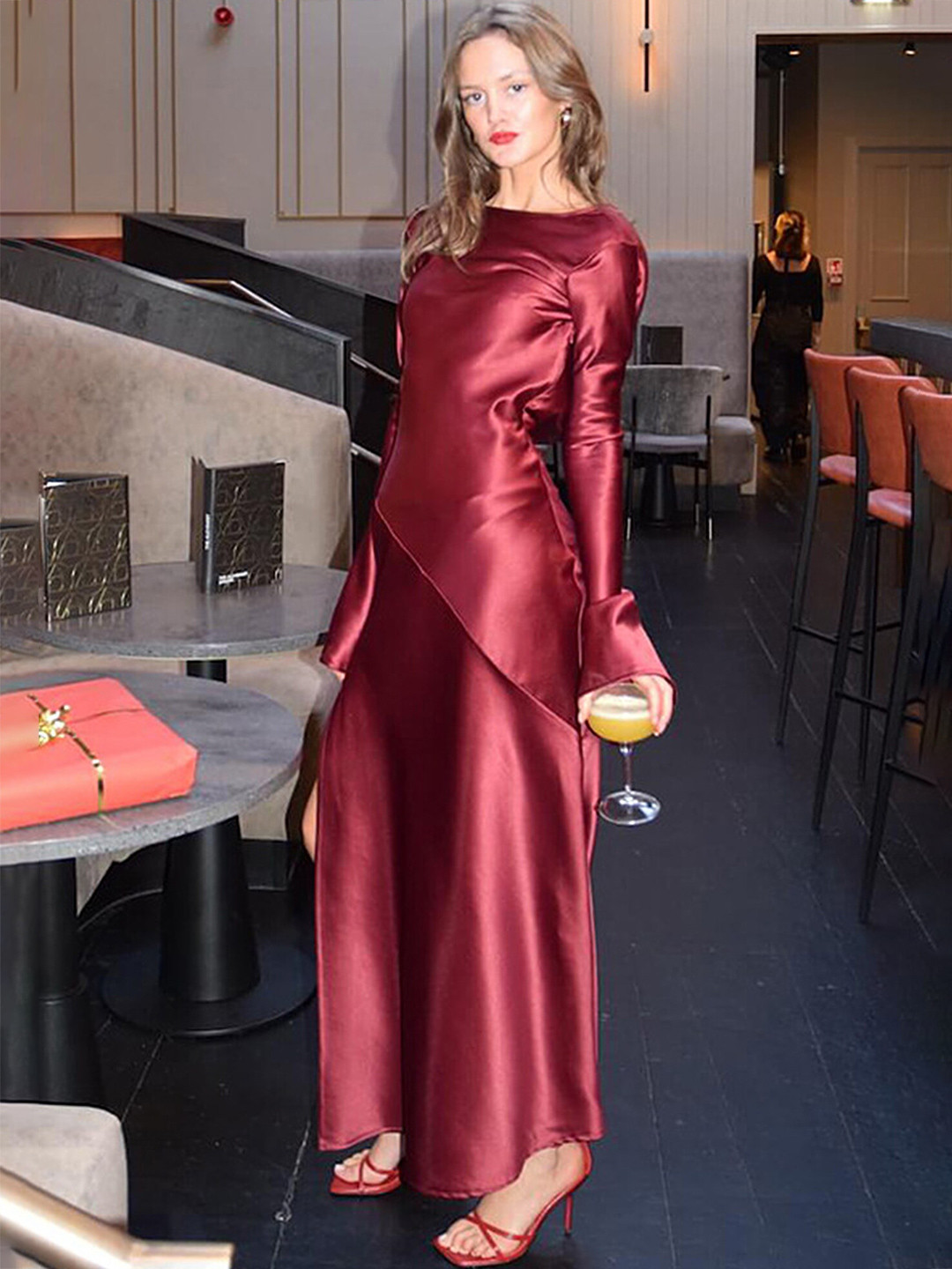 

LULU & SKY Bell Sleeves Boat Neck Maxi Dress, Burgundy