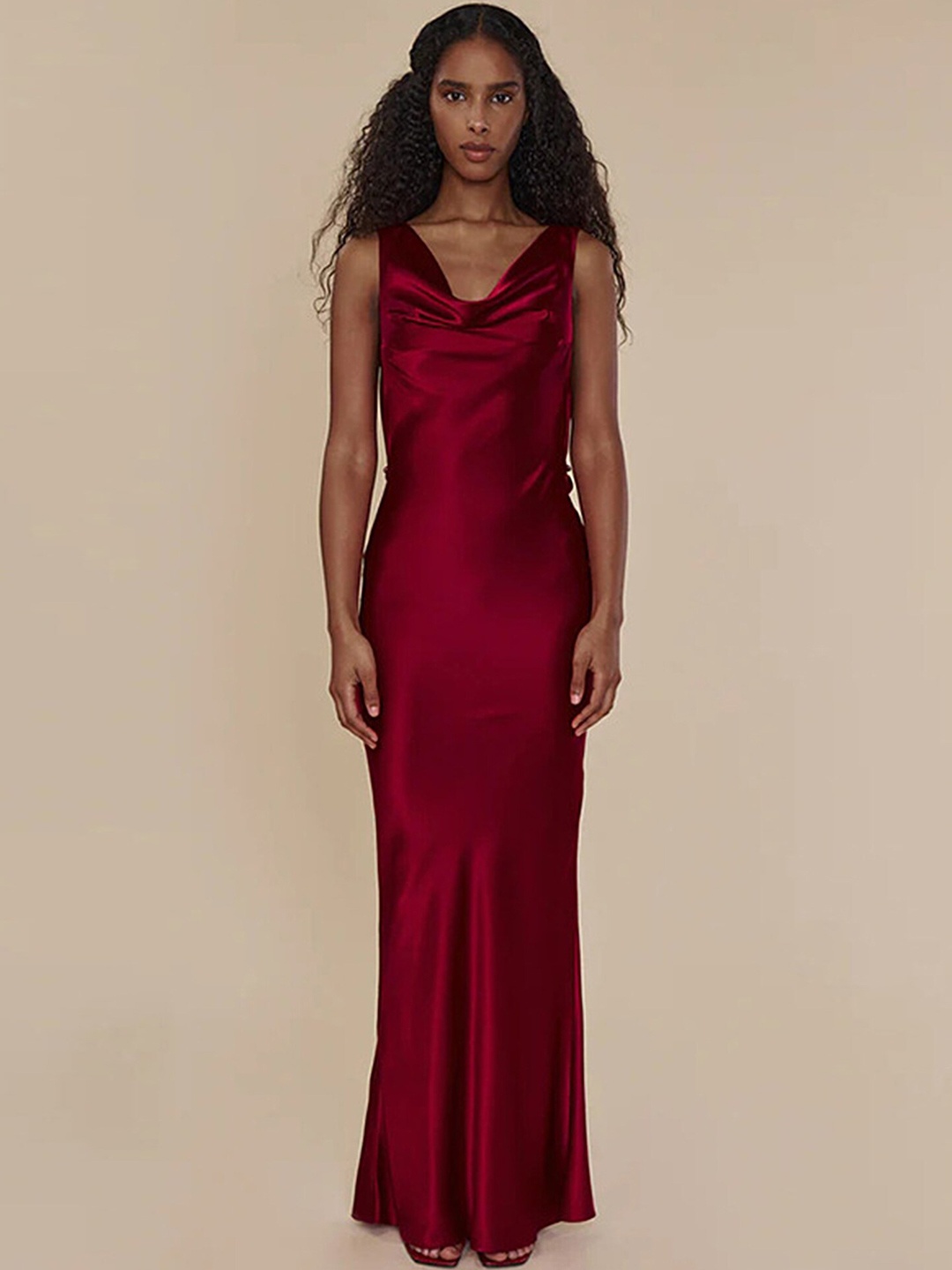 

LULU & SKY Cowl Neck Tie-Up Detailed Maxi Dress, Burgundy