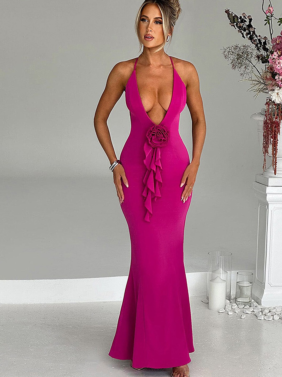 

LULU & SKY Halter Neck Sleeveless Applique Maxi Dress, Rose