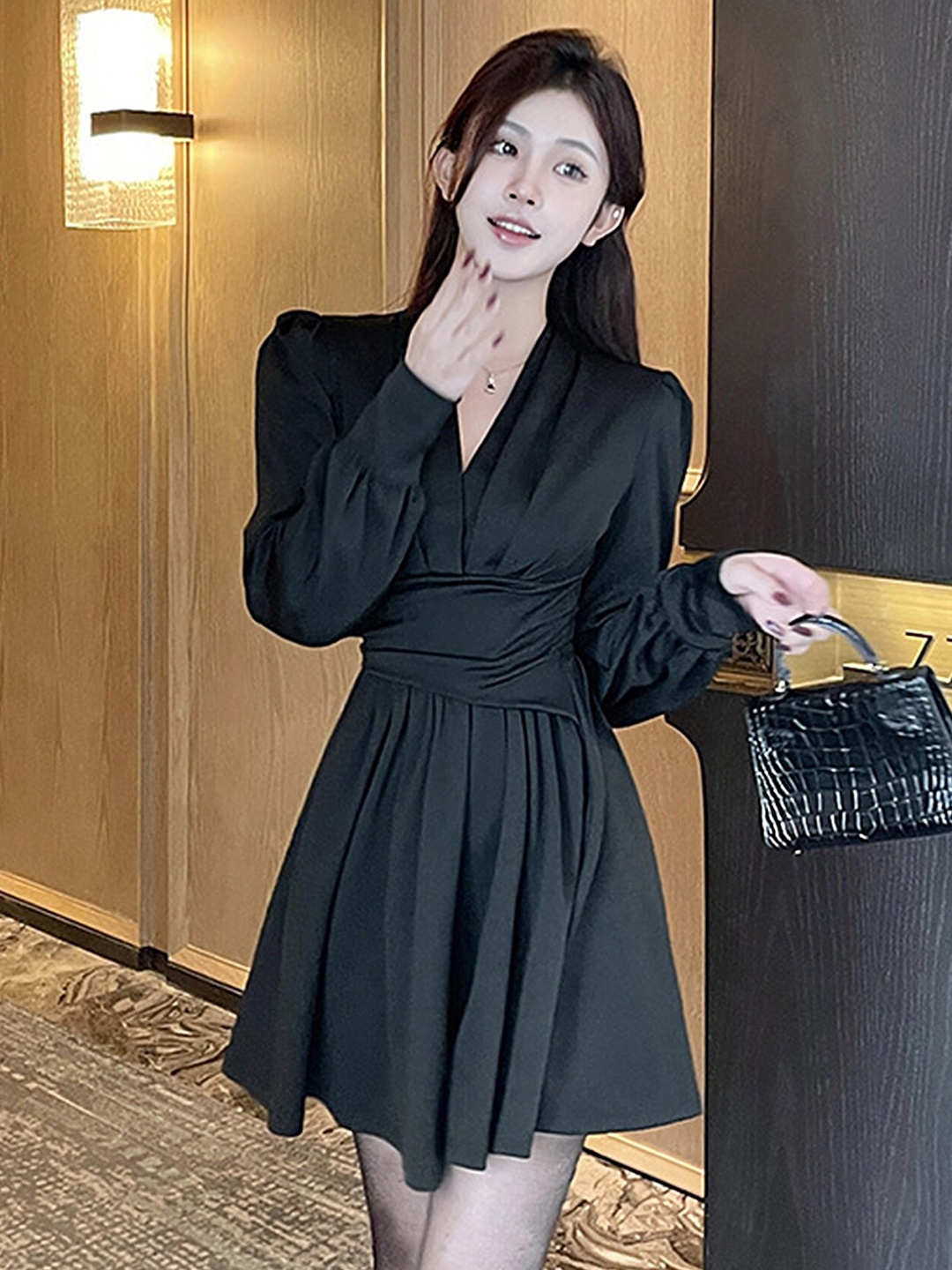 

LULU & SKY Cuffed Sleeves Pleated Fit & Flare Dress, Black
