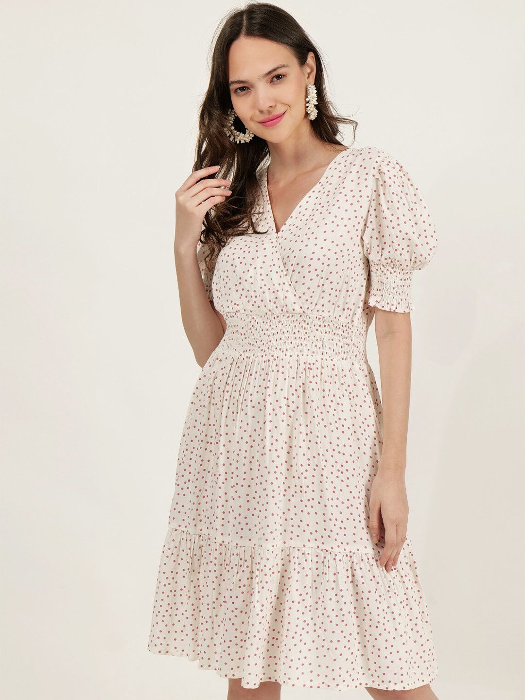 

DRIRO Polka Dot Printed Puff Sleeve Fit & Flare Dress, Cream