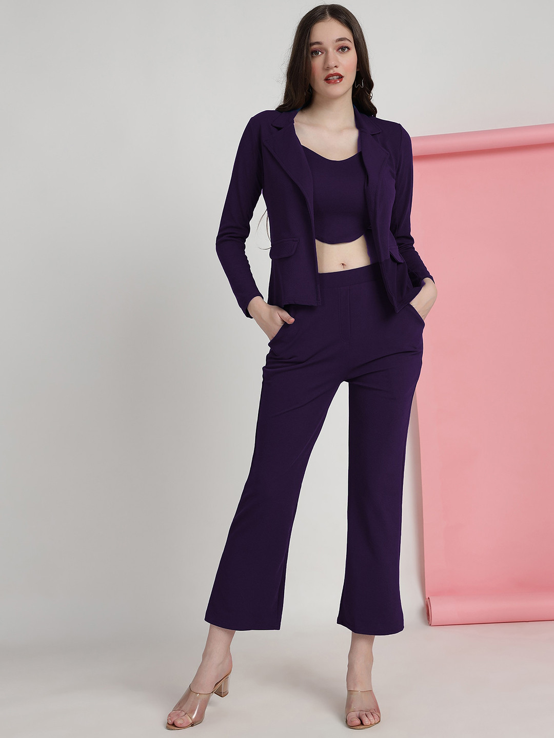 

N N ENTERPRISE Long Sleeved Jacket & Crop Top with Trouser Co-Ord Set, Purple