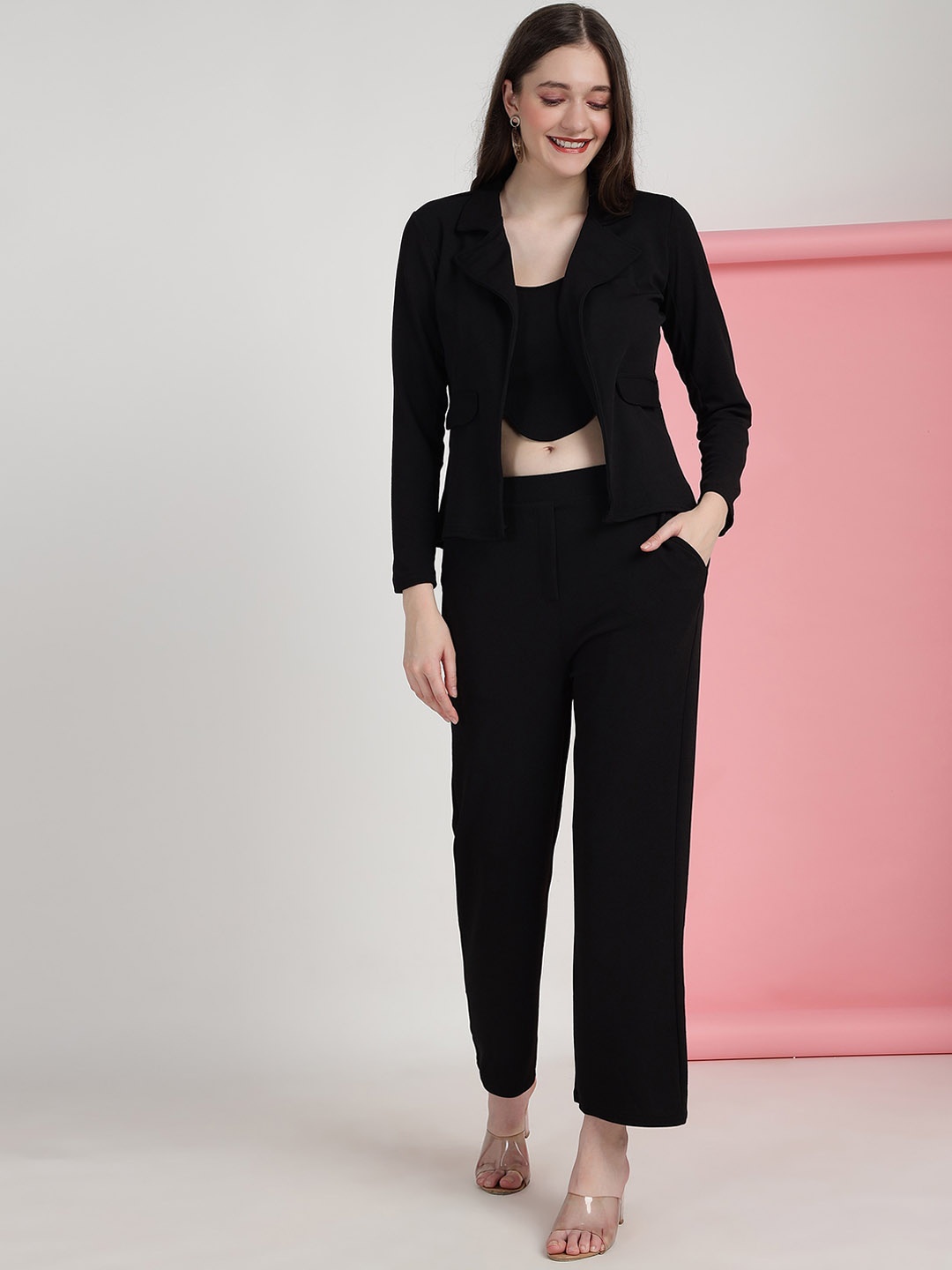

N N ENTERPRISE Crop Top And Trousers With Jacket Co-Ords, Black