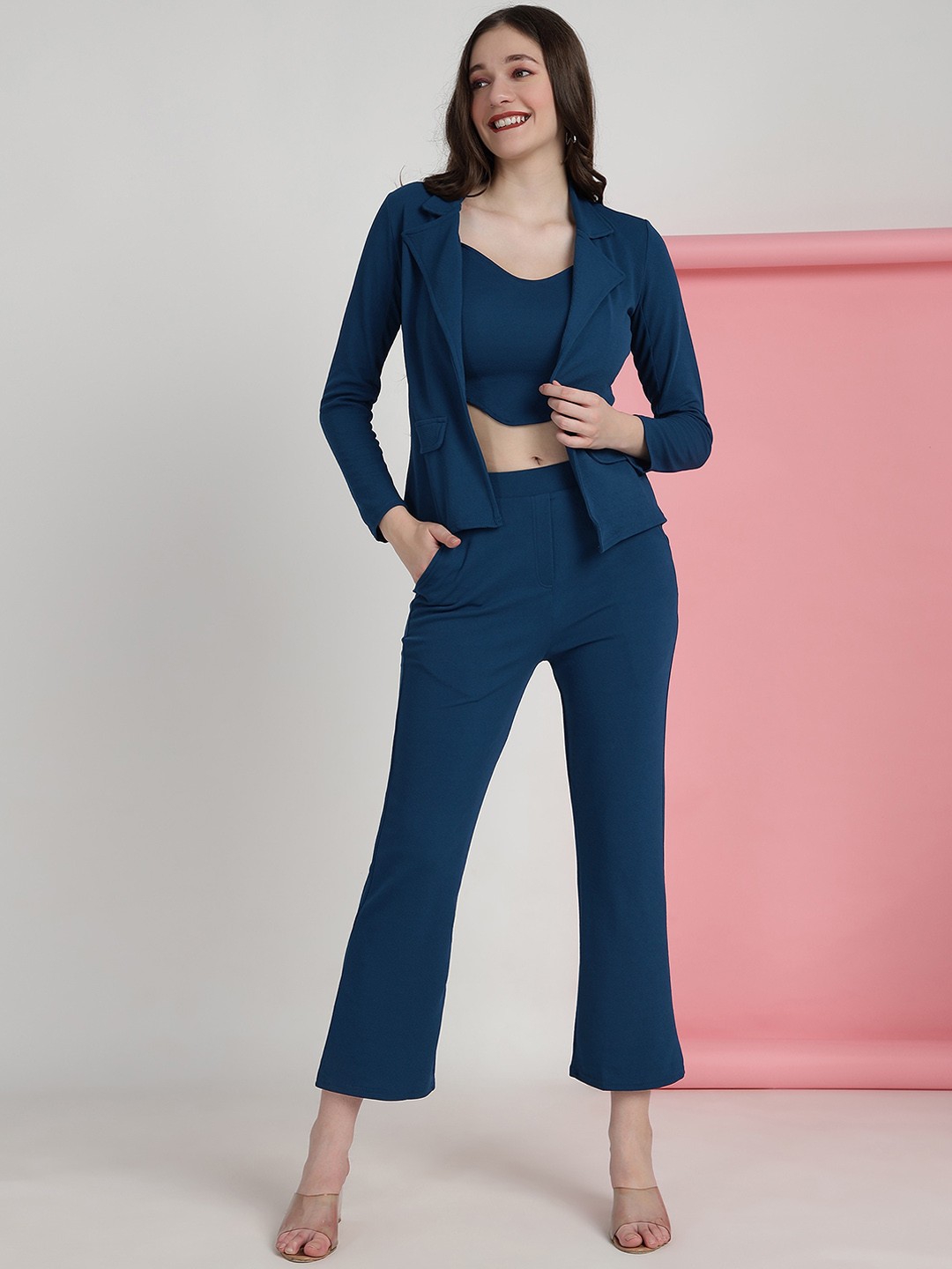 

N N ENTERPRISE Crop Top And Trousers With Jacket Co-Ords, Teal