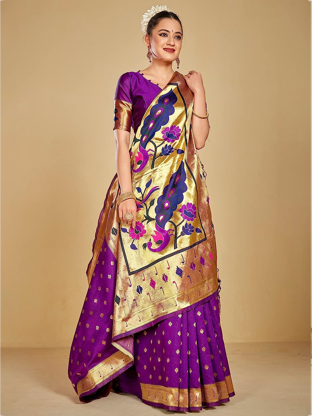 

Panchaamrit Ethnic Motifs Woven Design Zari Paithani Saree, Purple