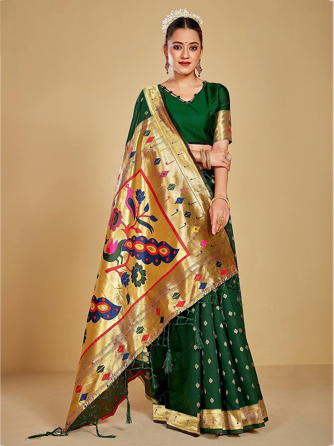 

Panchaamrit Ethnic Motifs Woven Design Zari Paithani Saree, Green