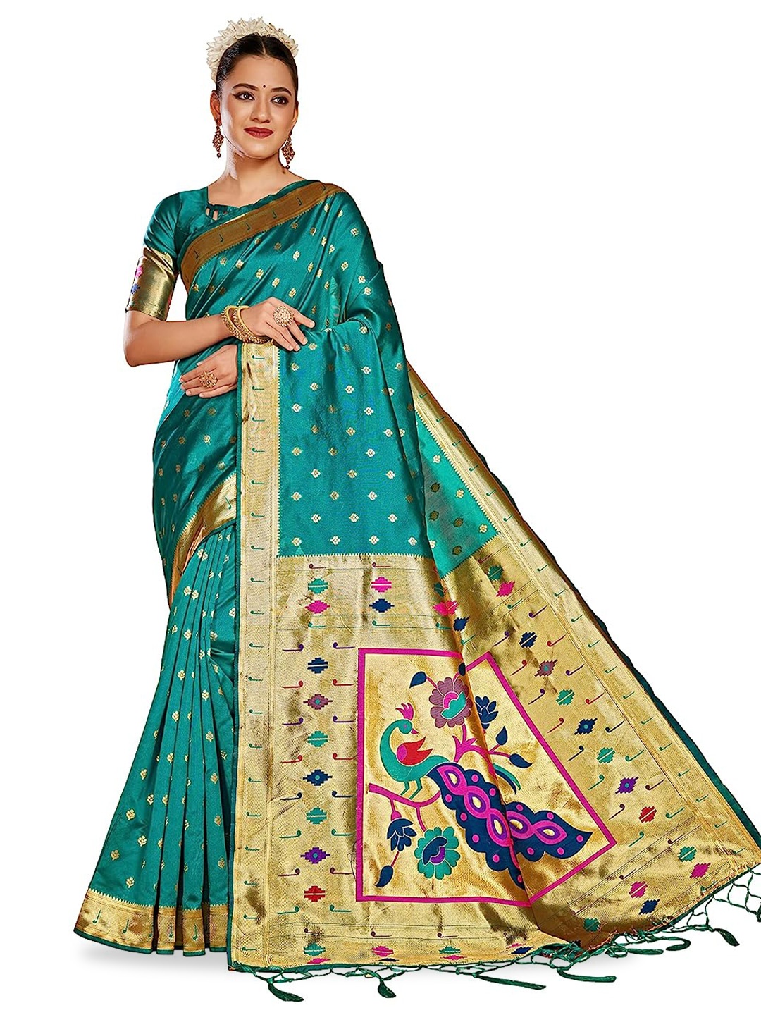 

Panchaamrit Ethnic Motifs Woven Design Zari Paithani Saree, Green