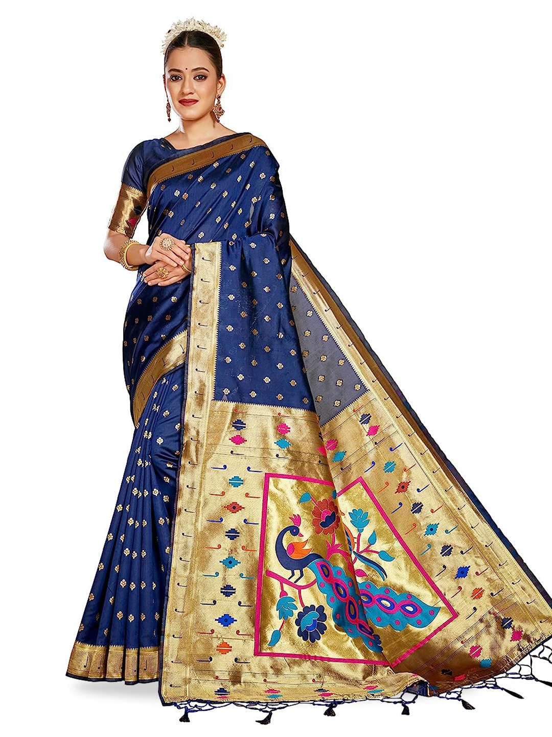 

Panchaamrit Ethnic Motifs Woven Design Zari Paithani Saree, Navy blue