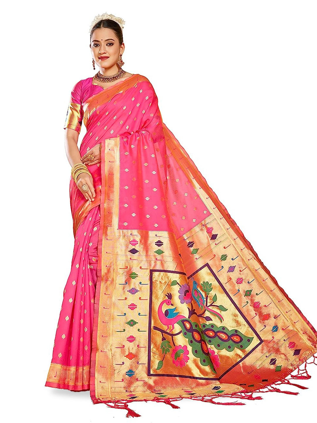 

Panchaamrit Ethnic Motifs Woven Design Zari Paithani Saree, Pink