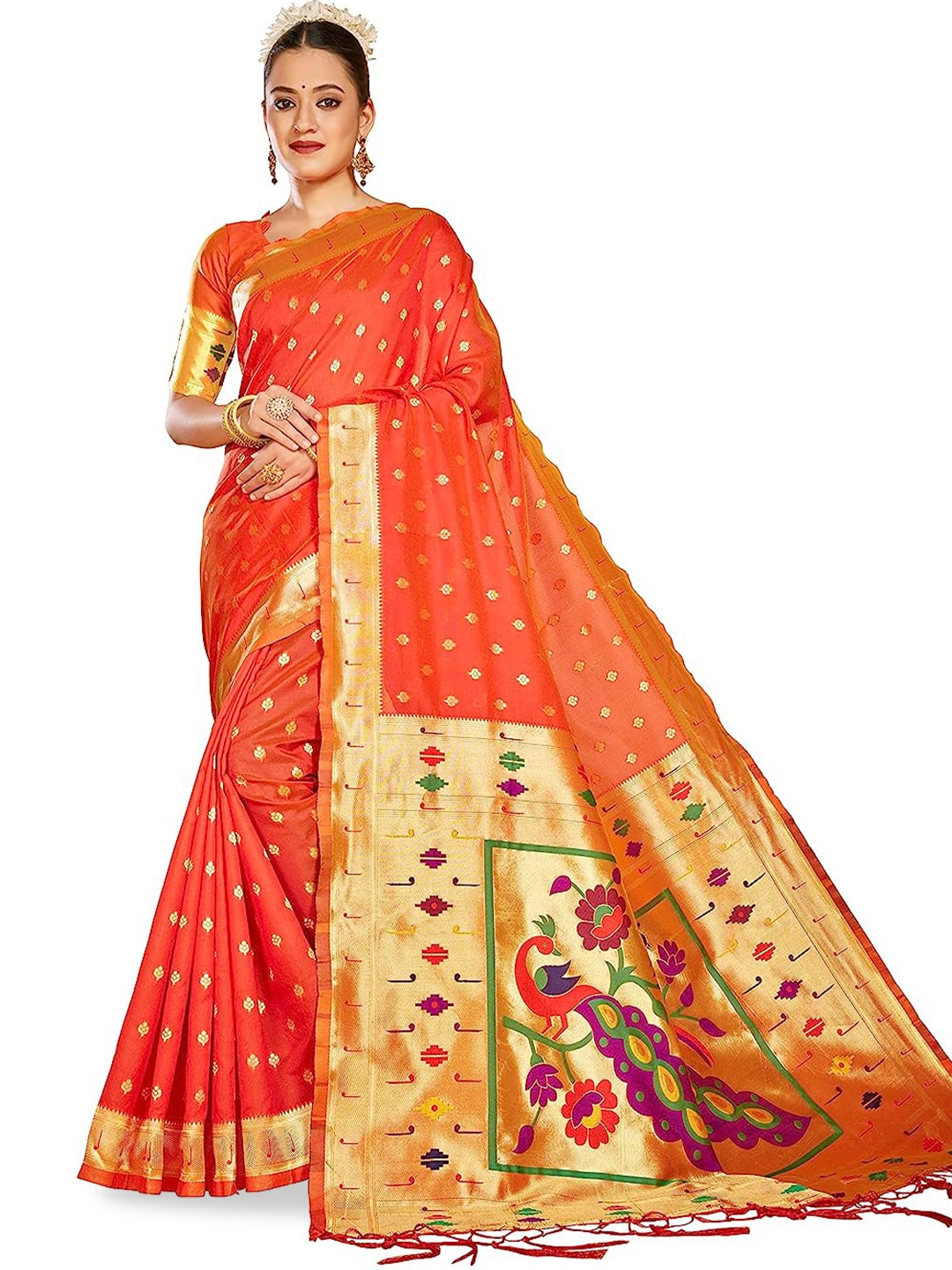 

Panchaamrit Ethnic Motifs Woven Design Zari Paithani Saree, Orange