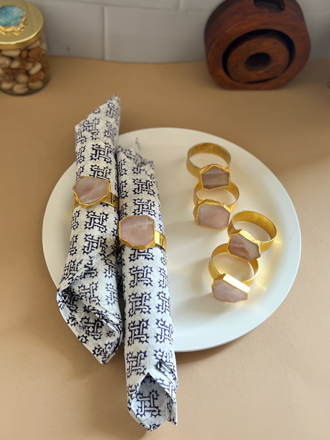 

HOMEARTE Pink & Gold Toned 6 Pieces Rose Quartz Metal Napkin Rings Set