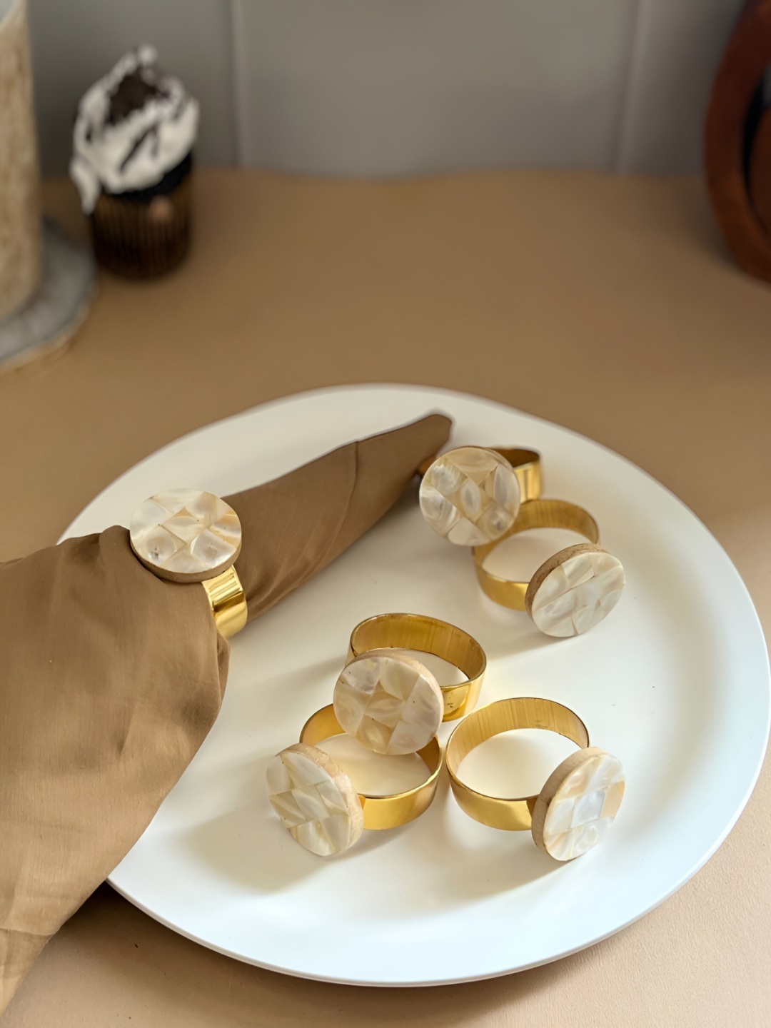 

HOMEARTE Off White & Gold Toned 6 Pieces Mother of Pearl Metal Napkin Rings Set