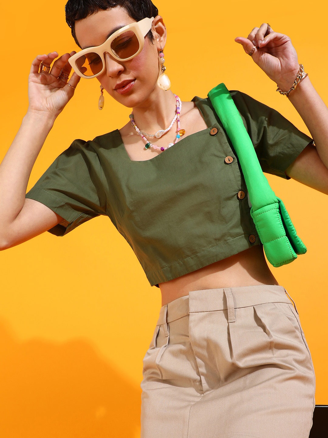 

PRETTY LOVING THING Square Neck Puff Sleeves Cotton Blouson Crop Top, Green
