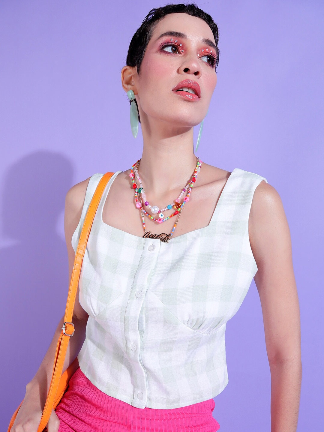 

PRETTY LOVING THING Square Neck Checked Top, Green