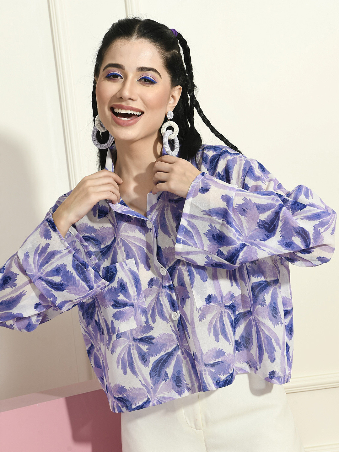 

PRETTY LOVING THING Floral Printed Shirt Collar Long Sleeves Cotton Crop Shirt Style Top, Blue