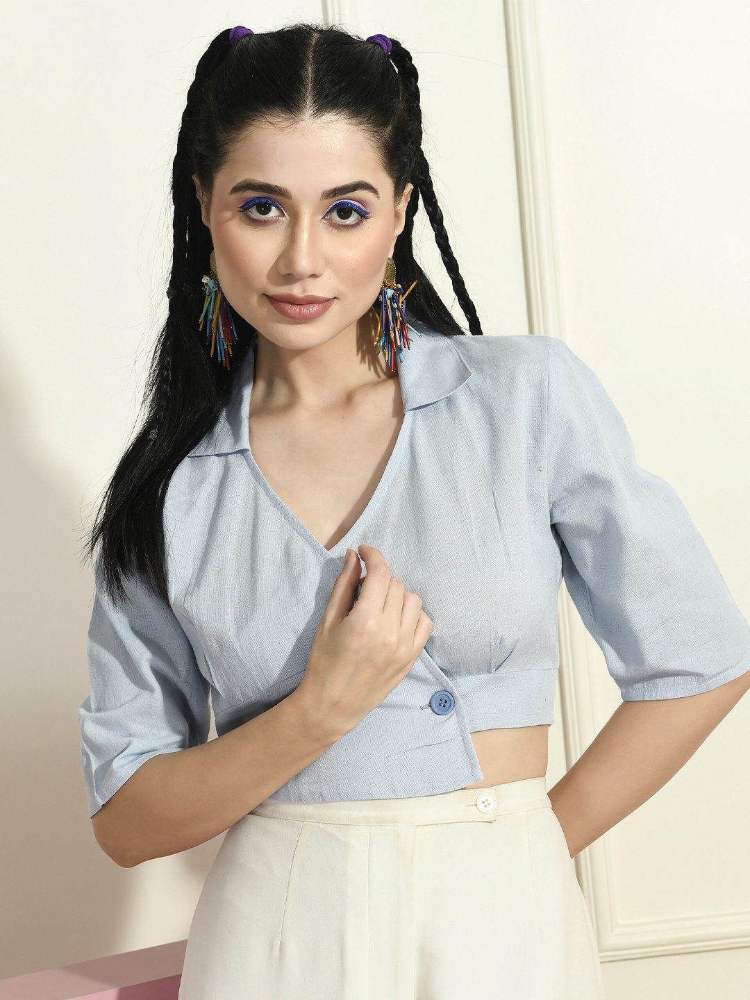 

PRETTY LOVING THING Long Sleeves Shirt Collar Crop Top, Blue