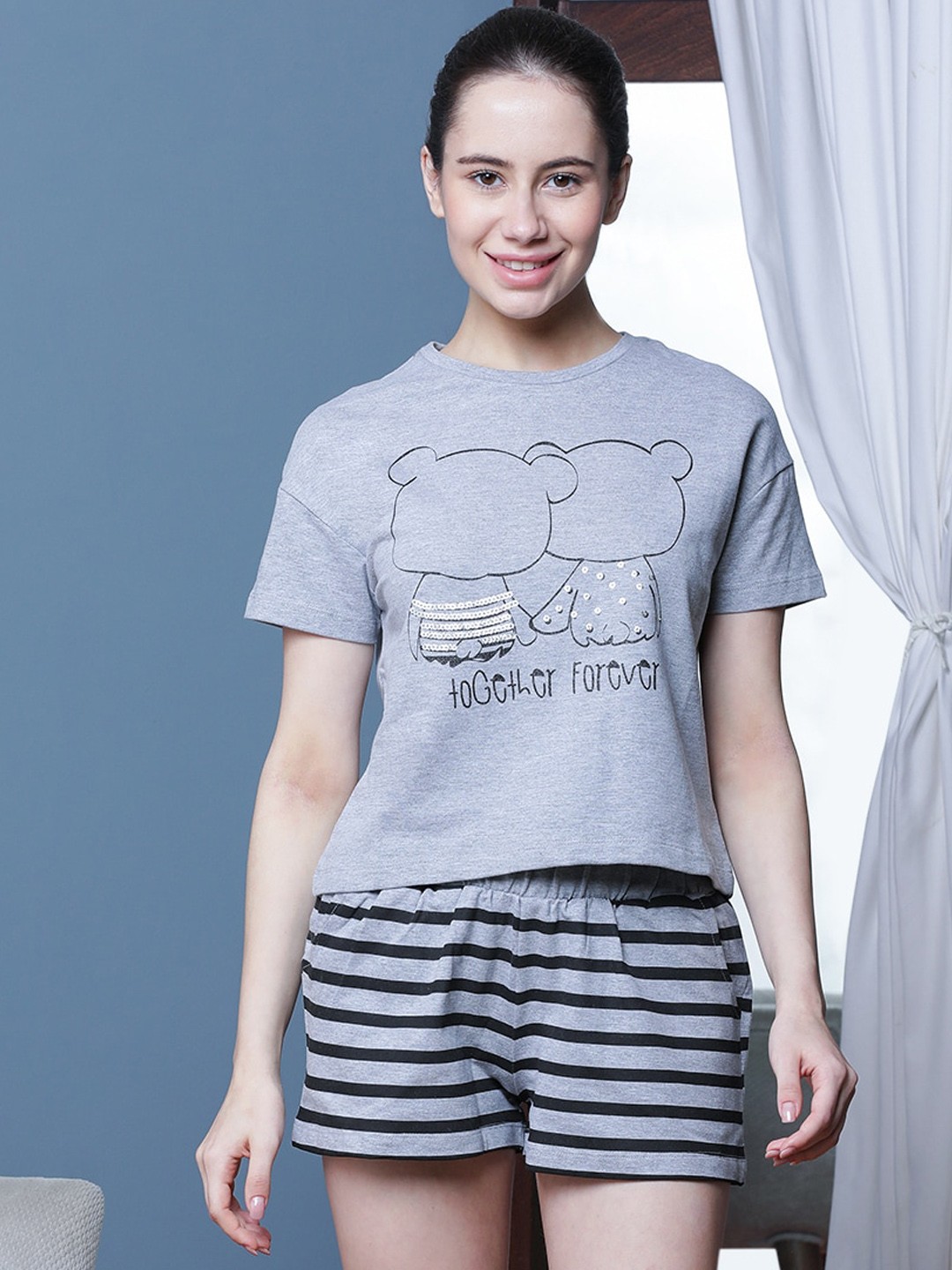 

Slumber Jill Graphic Printed Pure Cotton Night suit, Grey