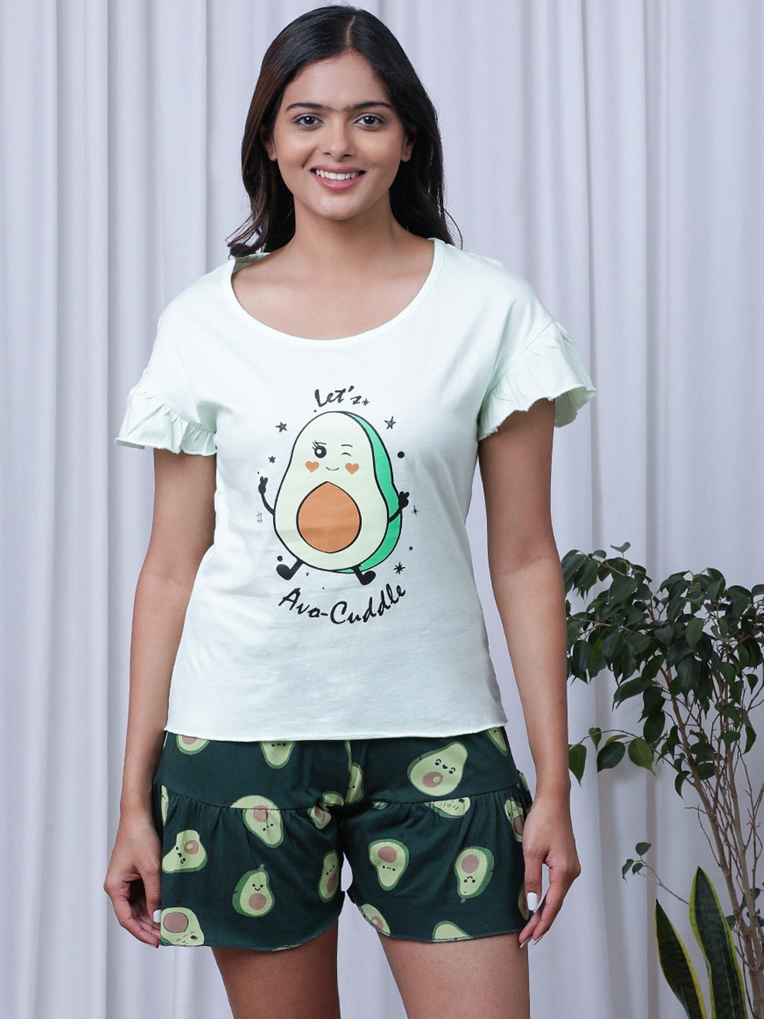 

Slumber Jill Printed Pure Cotton T-shirt With Shorts, Green