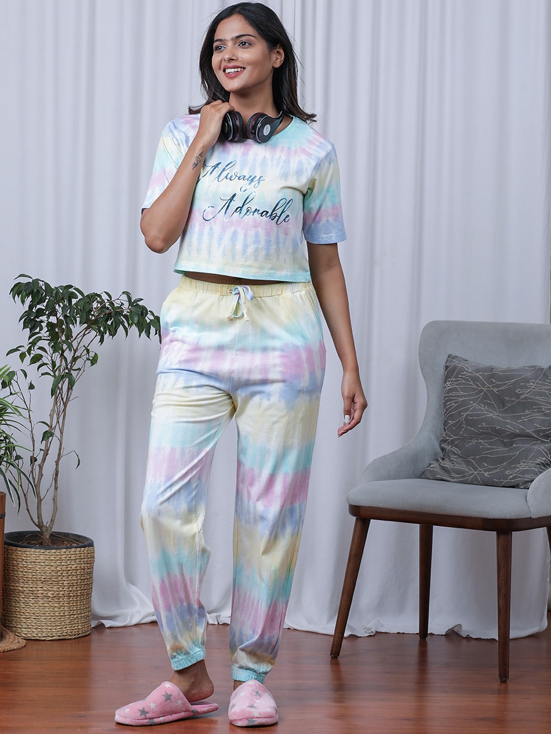 

Slumber Jill Tie & Dyed Printed Pure Cotton Night suit, White
