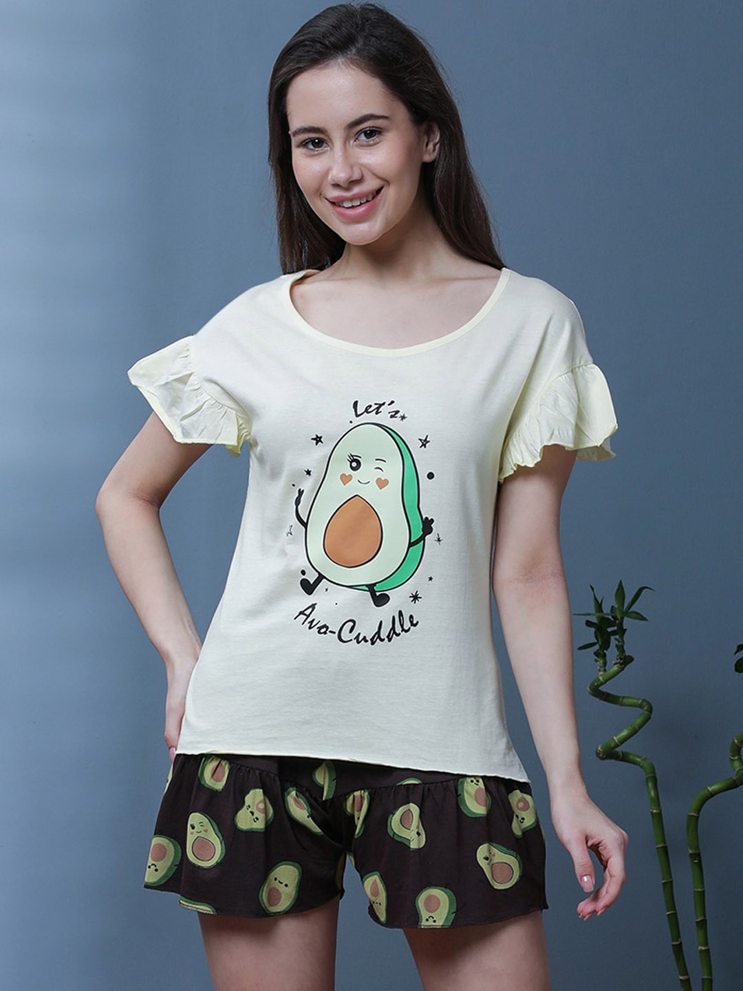 

Slumber Jill Graphic Printed Pure Cotton Night suit, Yellow