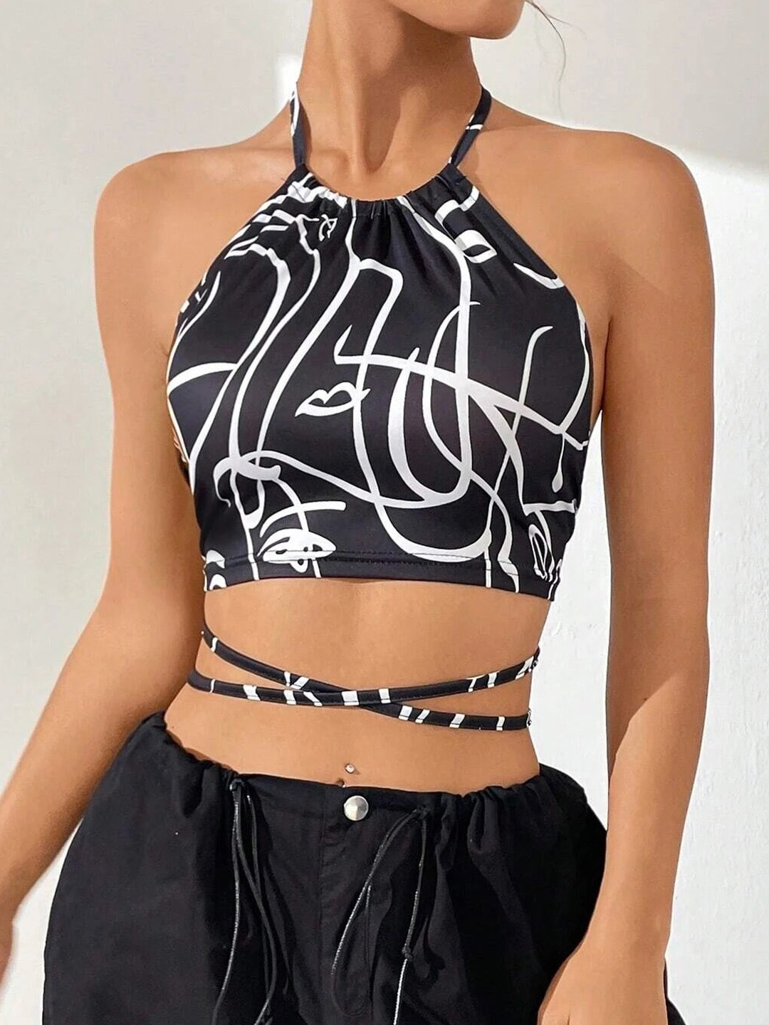 

Stylecast X Slyck Abstract Printed Halter Neck Styled Back Crop Top, Black