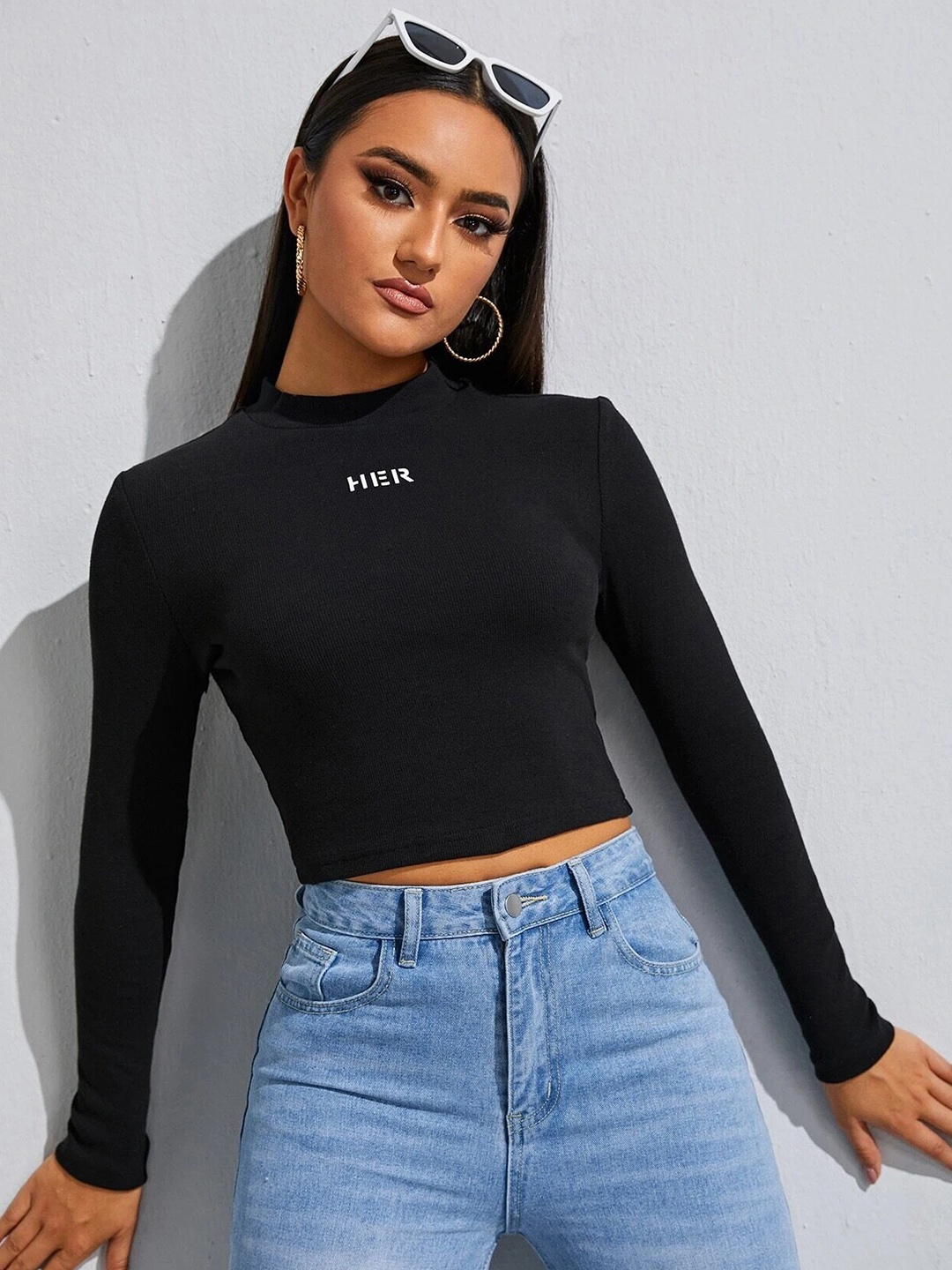 

Stylecast X Slyck High Neck Long Sleeves Fitted Crop Top, Black