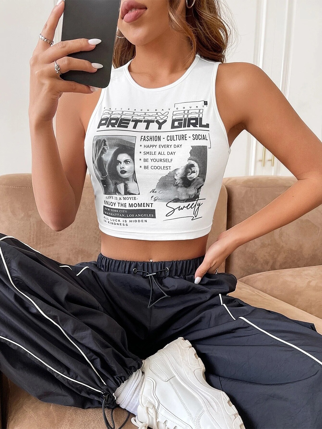 

Stylecast X Slyck Typography Printed Sleeveless Crop Top, White