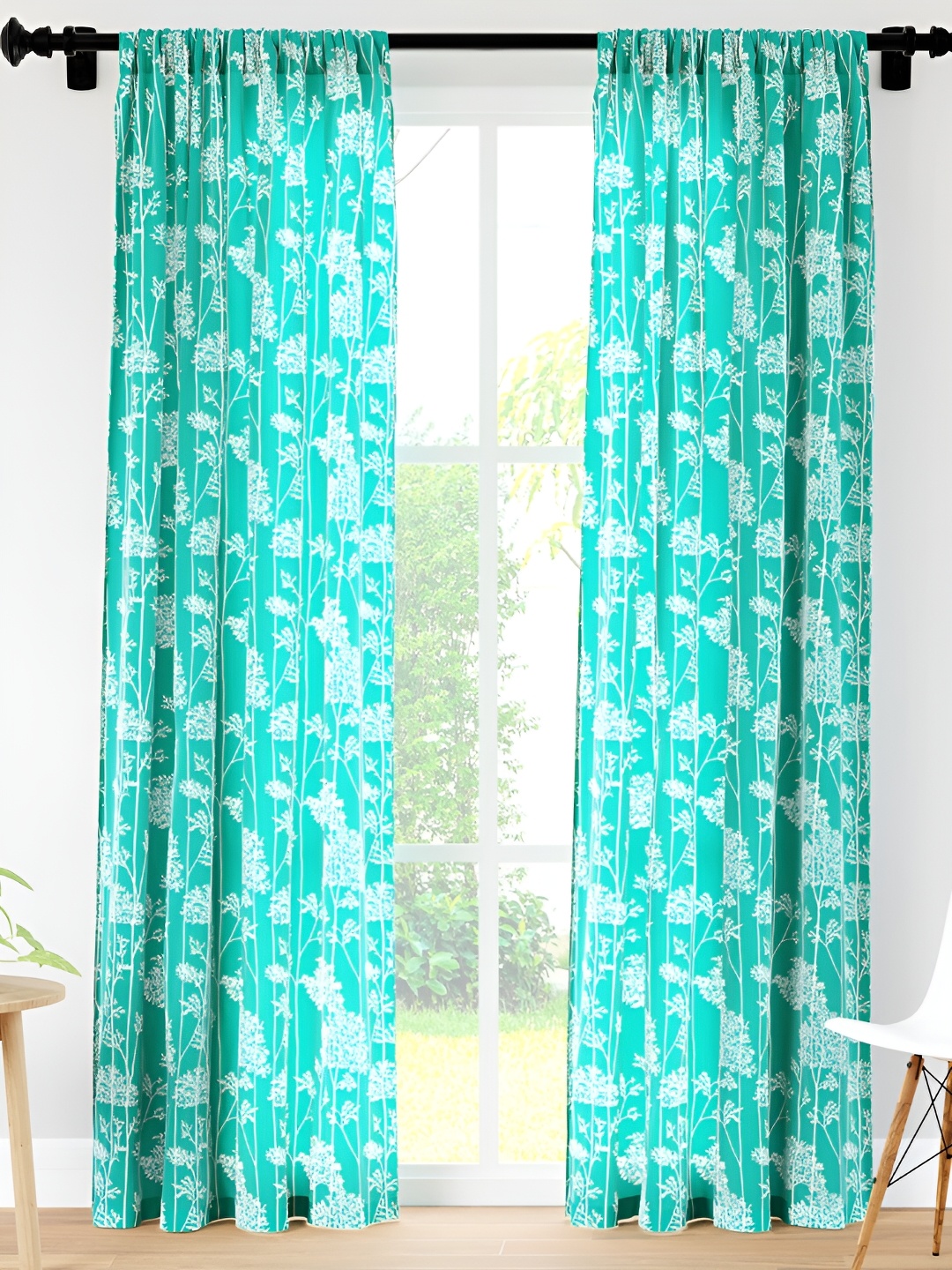 

Encasa Homes Teal & White 2 Pcs Floral Sheer Door Curtain