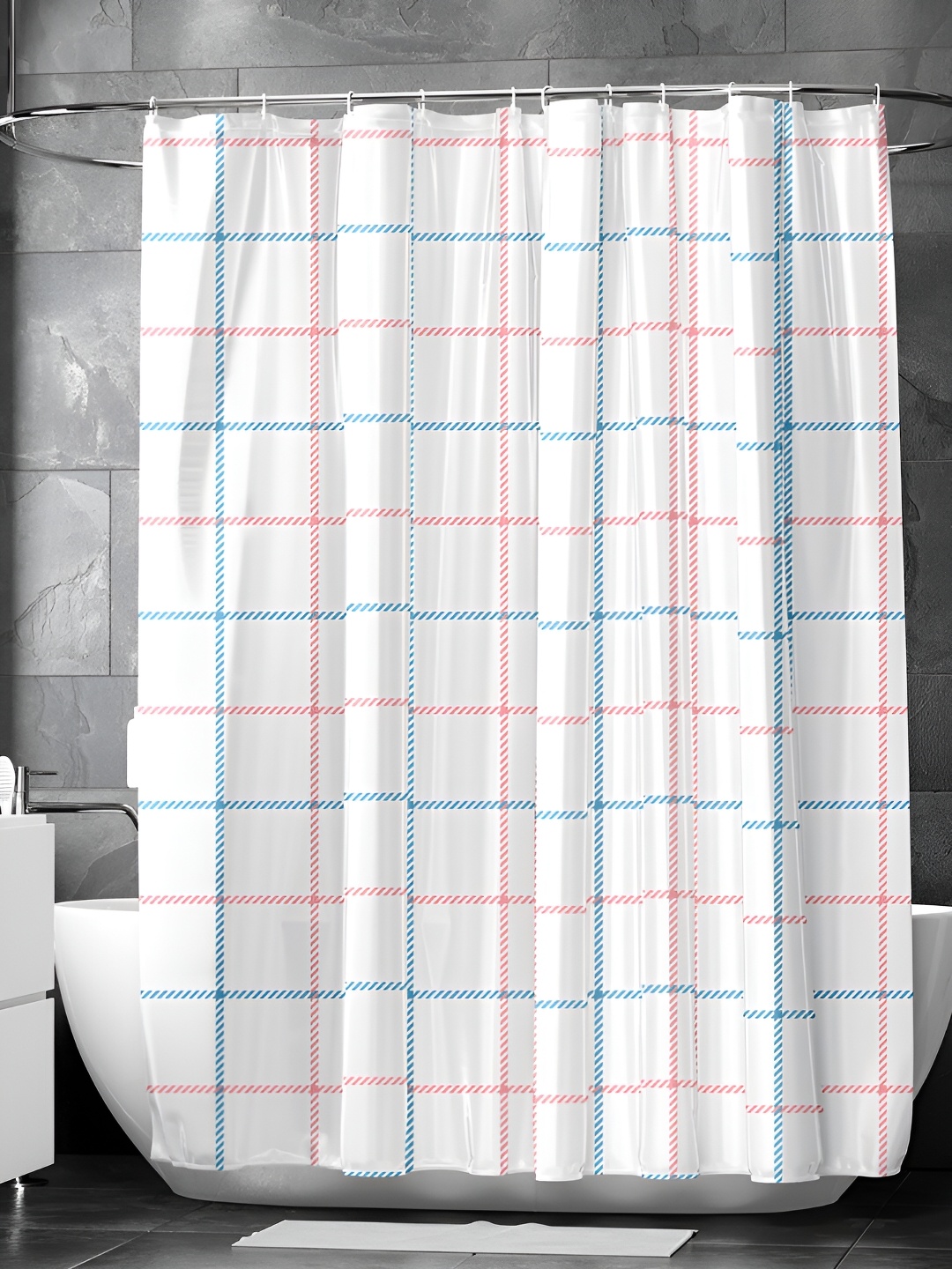 

Encasa Homes White & Blue Printed Waterproof Shower Curtain