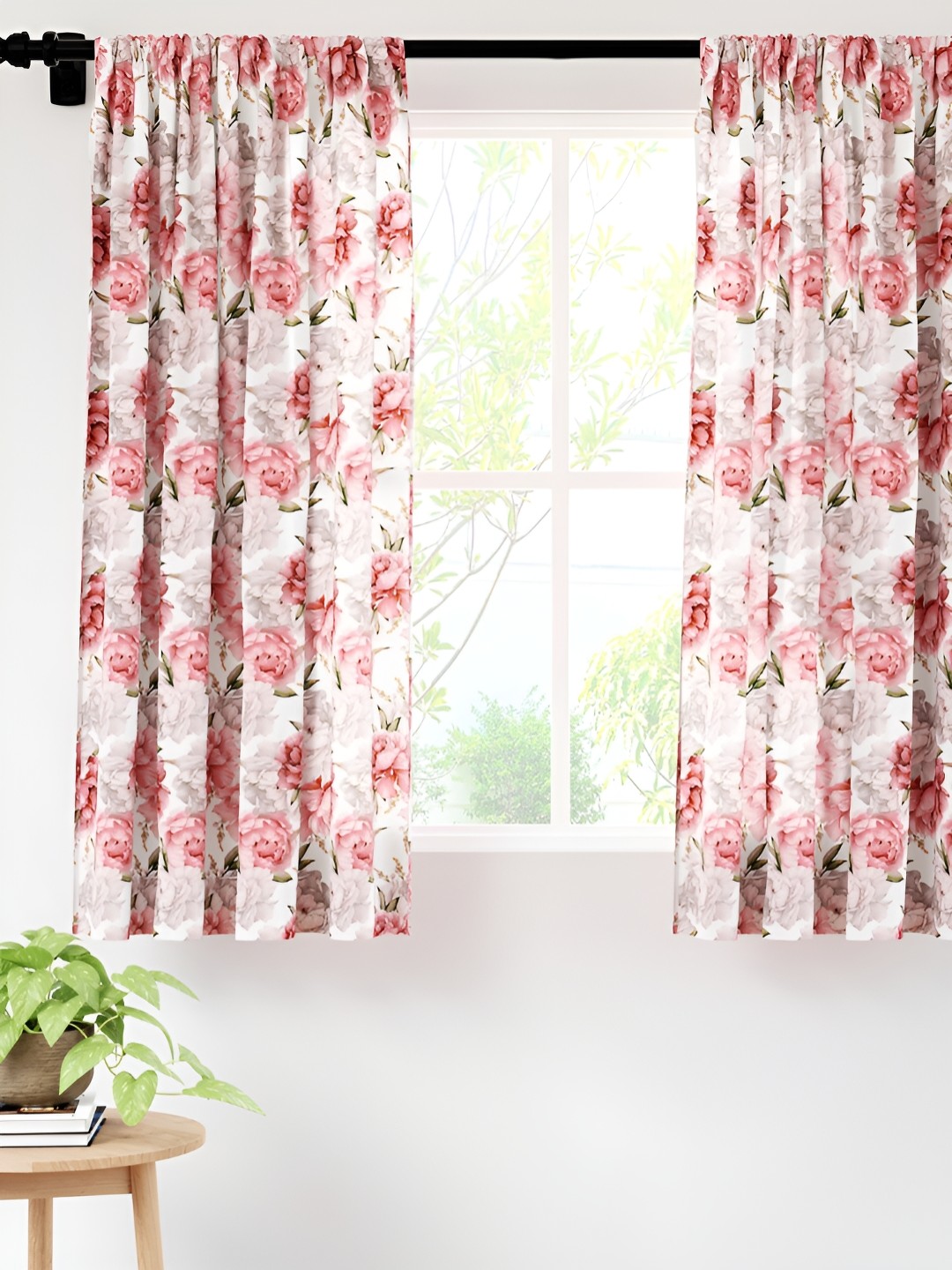 

Encasa Homes White & Pink 2 Pcs Floral Sheer Window Curtain
