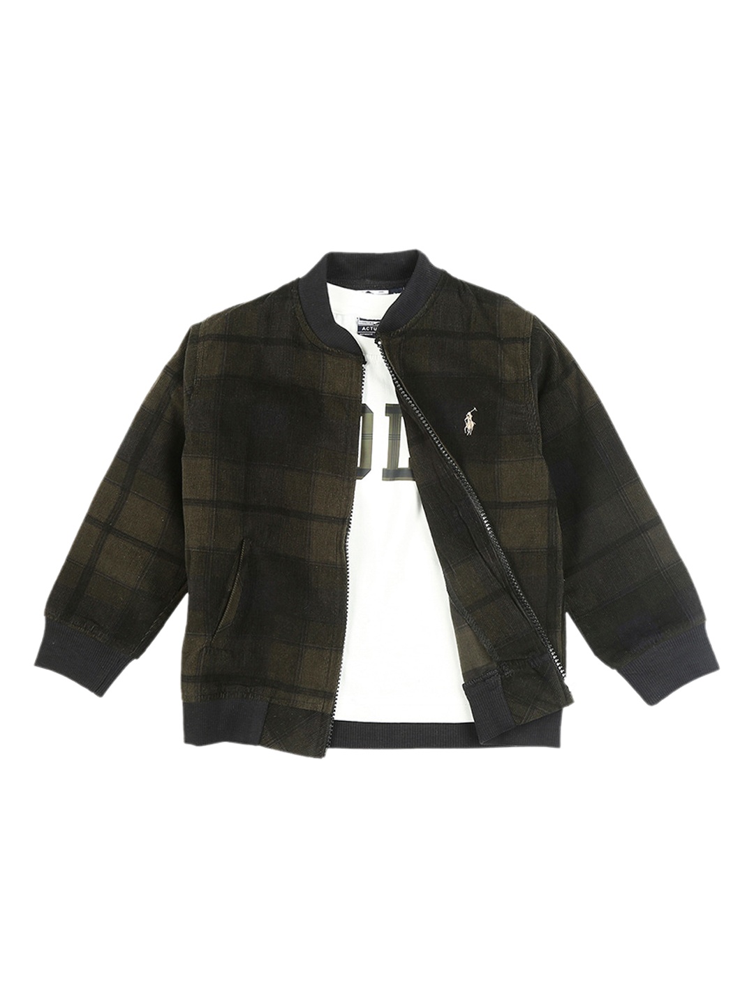 

Actuel Boys Checked Mock Collar Corduroy Bomber Jacket With Printed T-shirt, Olive