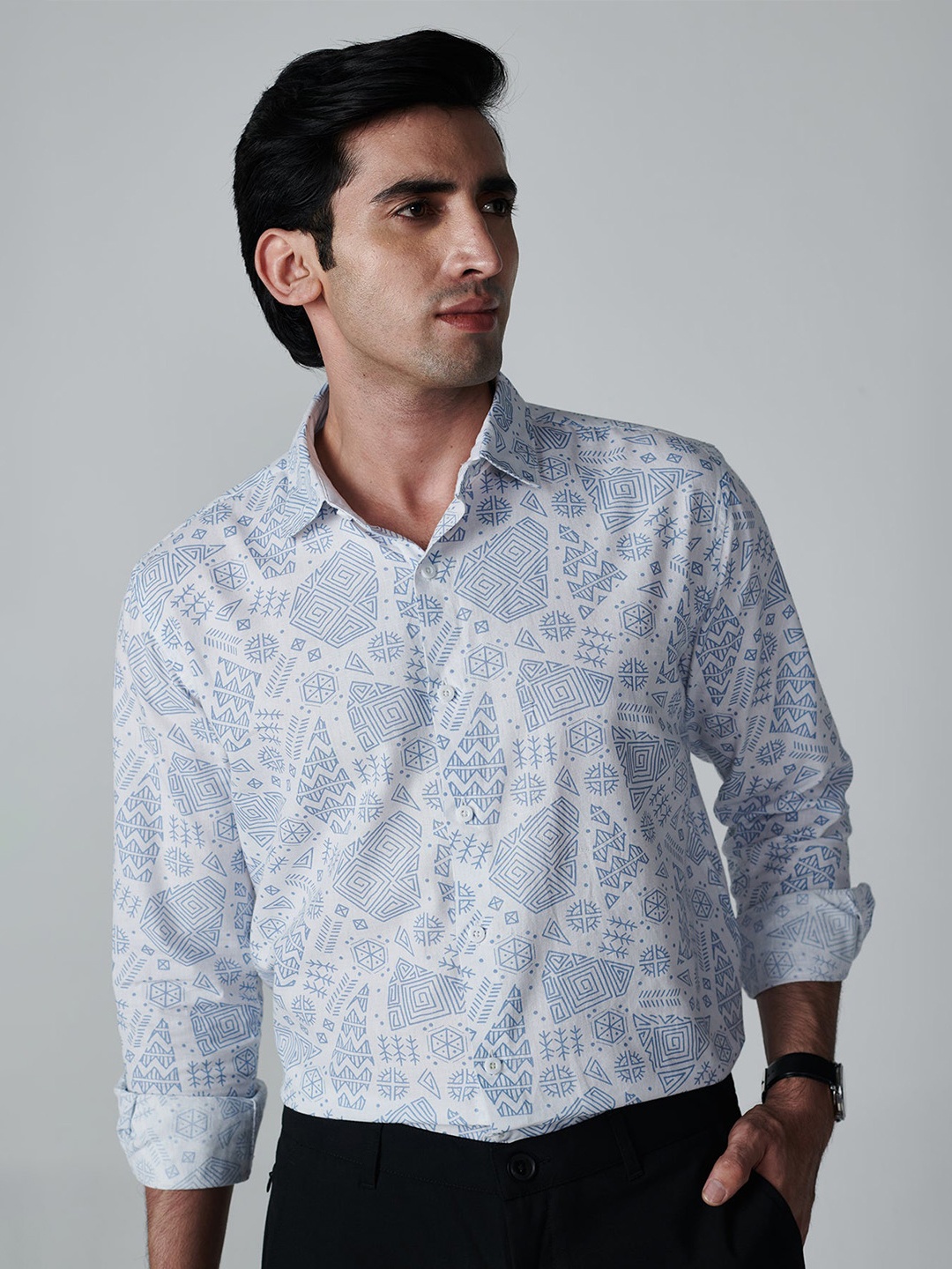 

OFFCUTS Classic Geometric Printed Cutaway Collar Cotton Linen Casual Shirt, White