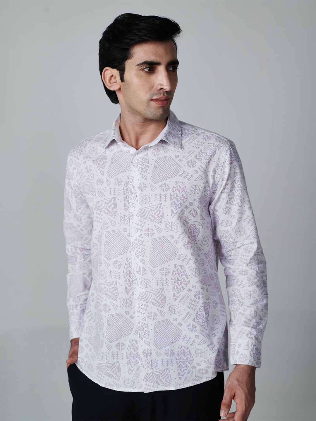 

OFFCUTS Classic Floral Printed Cutaway Collar Cotton Linen Casual Shirt, Lavender