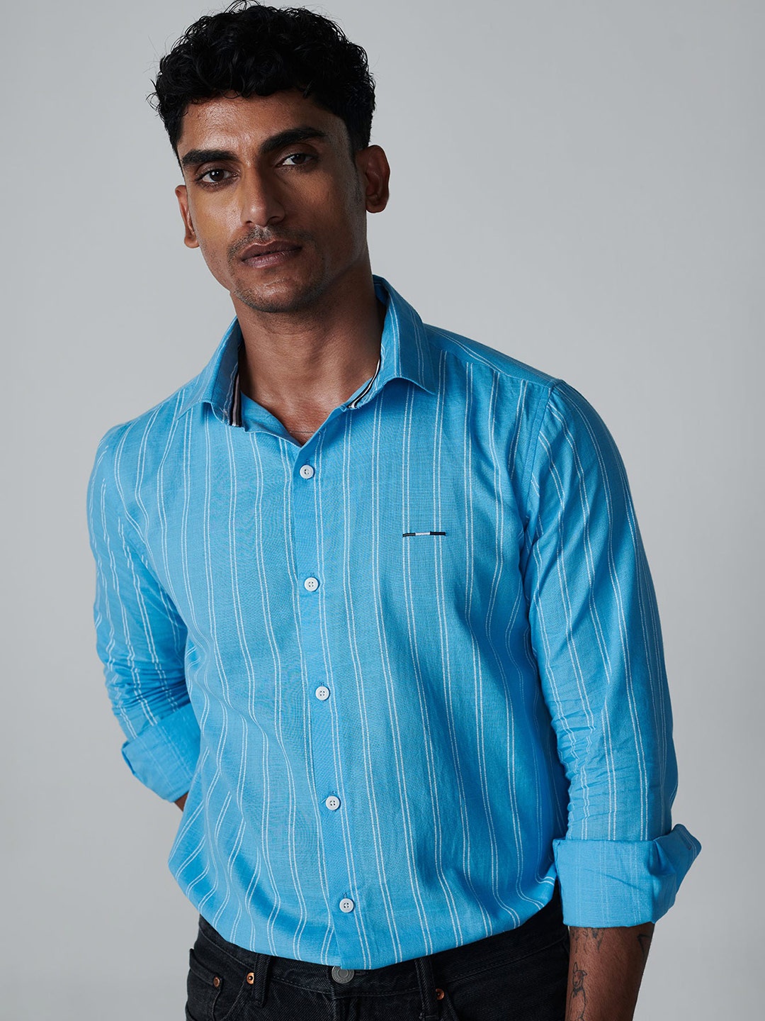 

OFFCUTS Classic Striped Cotton Linen Casual Shirt, Blue