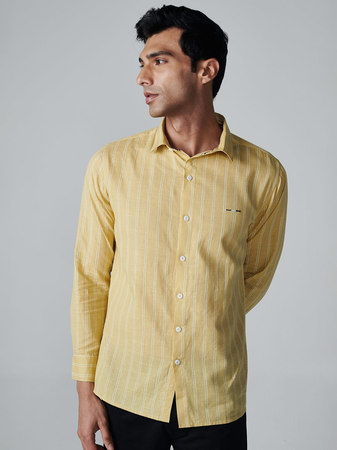 

OFFCUTS Classic Striped Cutaway Collar Cotton Linen Casual Shirt, Yellow