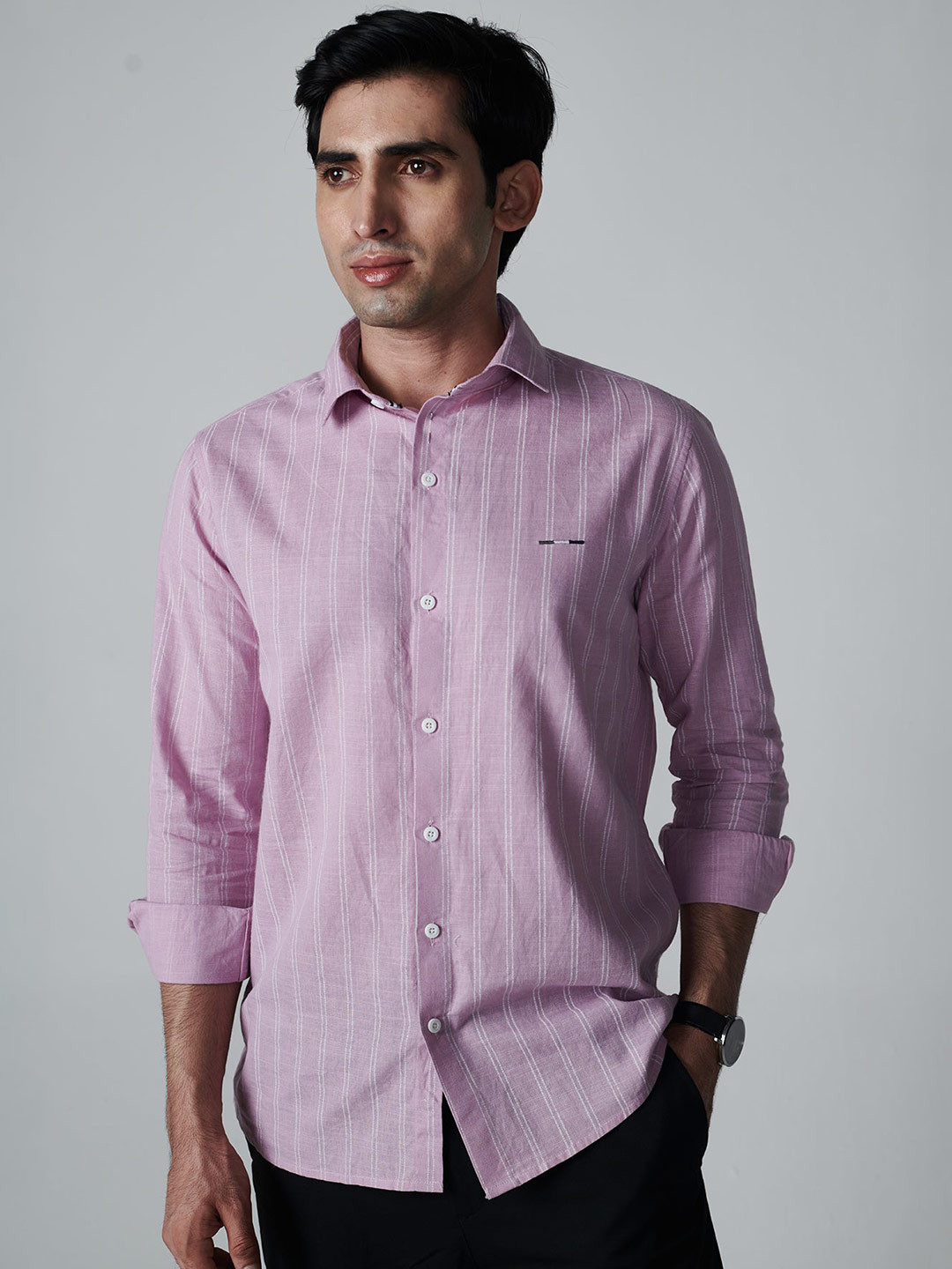 

OFFCUTS Classic Striped Cutaway Collar Cotton Linen Casual Shirt, Pink