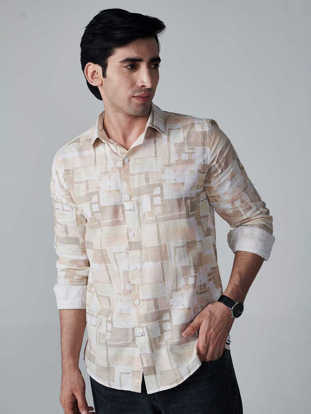 

OFFCUTS Classic Geometric Printed Cutaway Collar Cotton Linen Casual Shirt, Brown