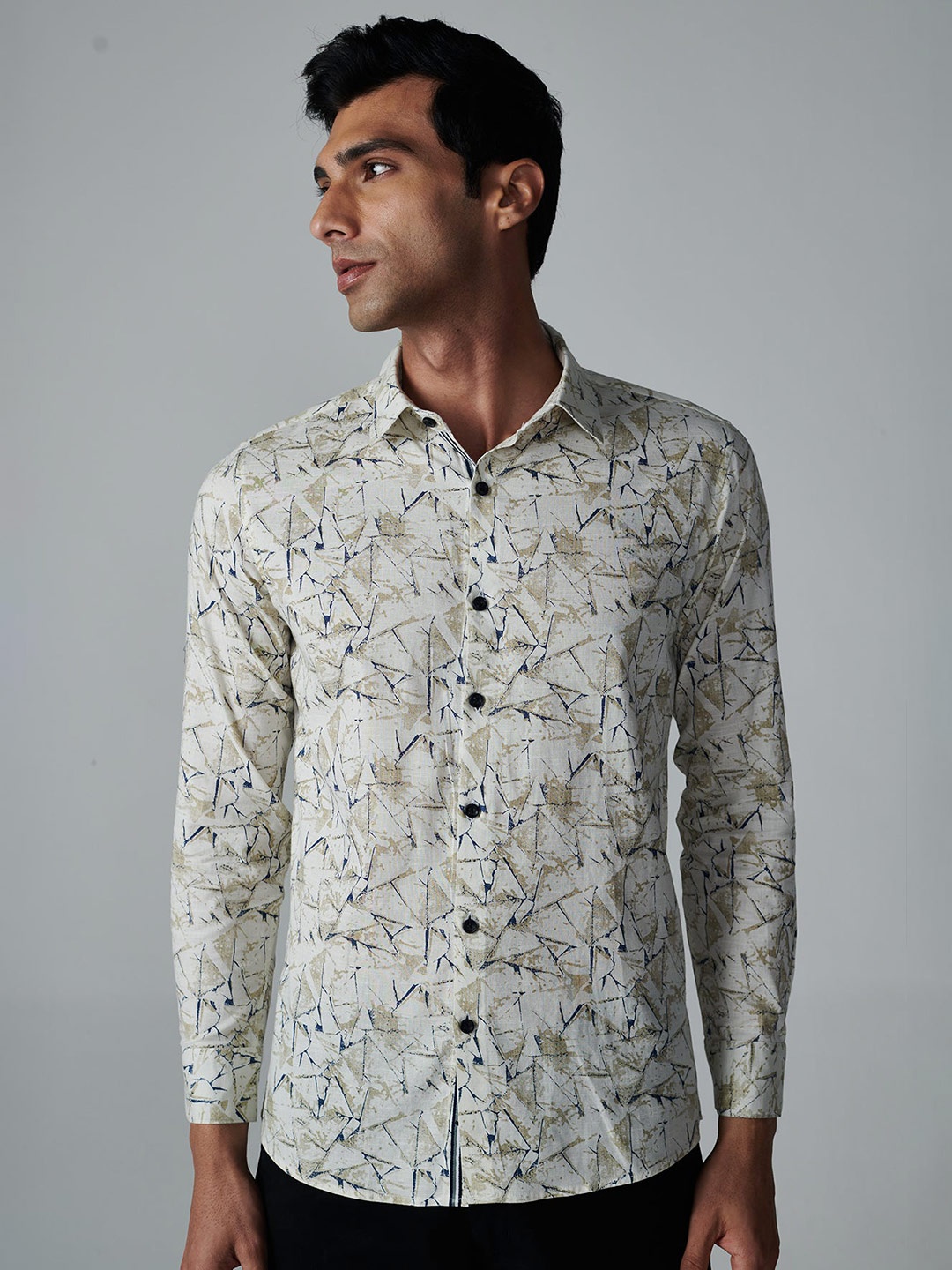 

OFFCUTS Classic Printed Cotton Linen Casual Shirt, Grey