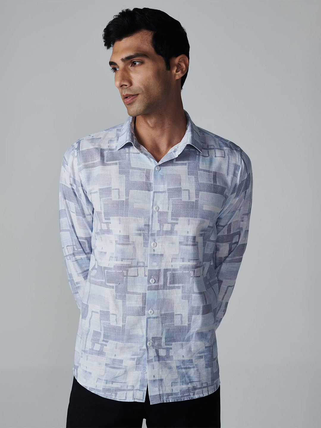 

OFFCUTS Classic Printed Cotton Linen Casual Shirt, Grey