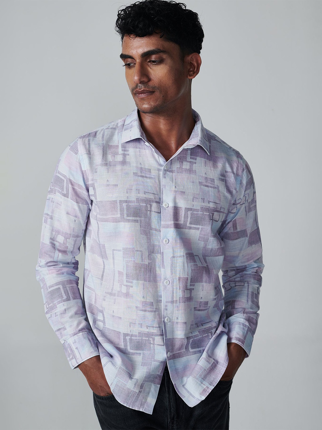 

OFFCUTS Classic Abstract Printed Cutaway Collar Cotton Linen Casual Shirt, Lavender