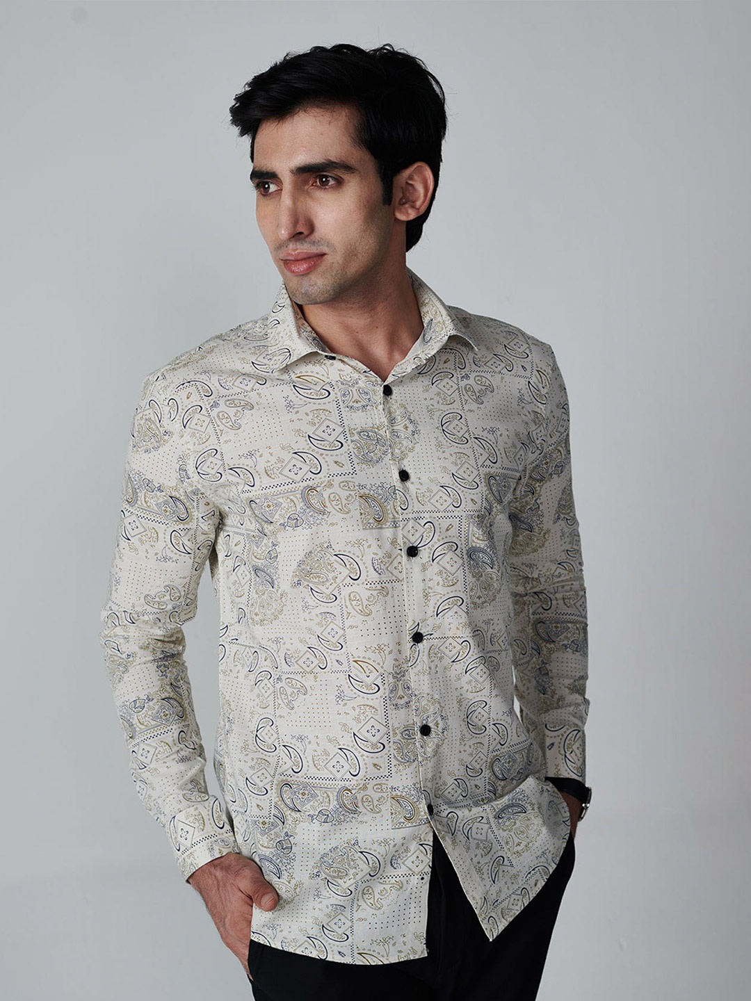 

OFFCUTS Classic Printed Cotton Linen Casual Shirt, Grey