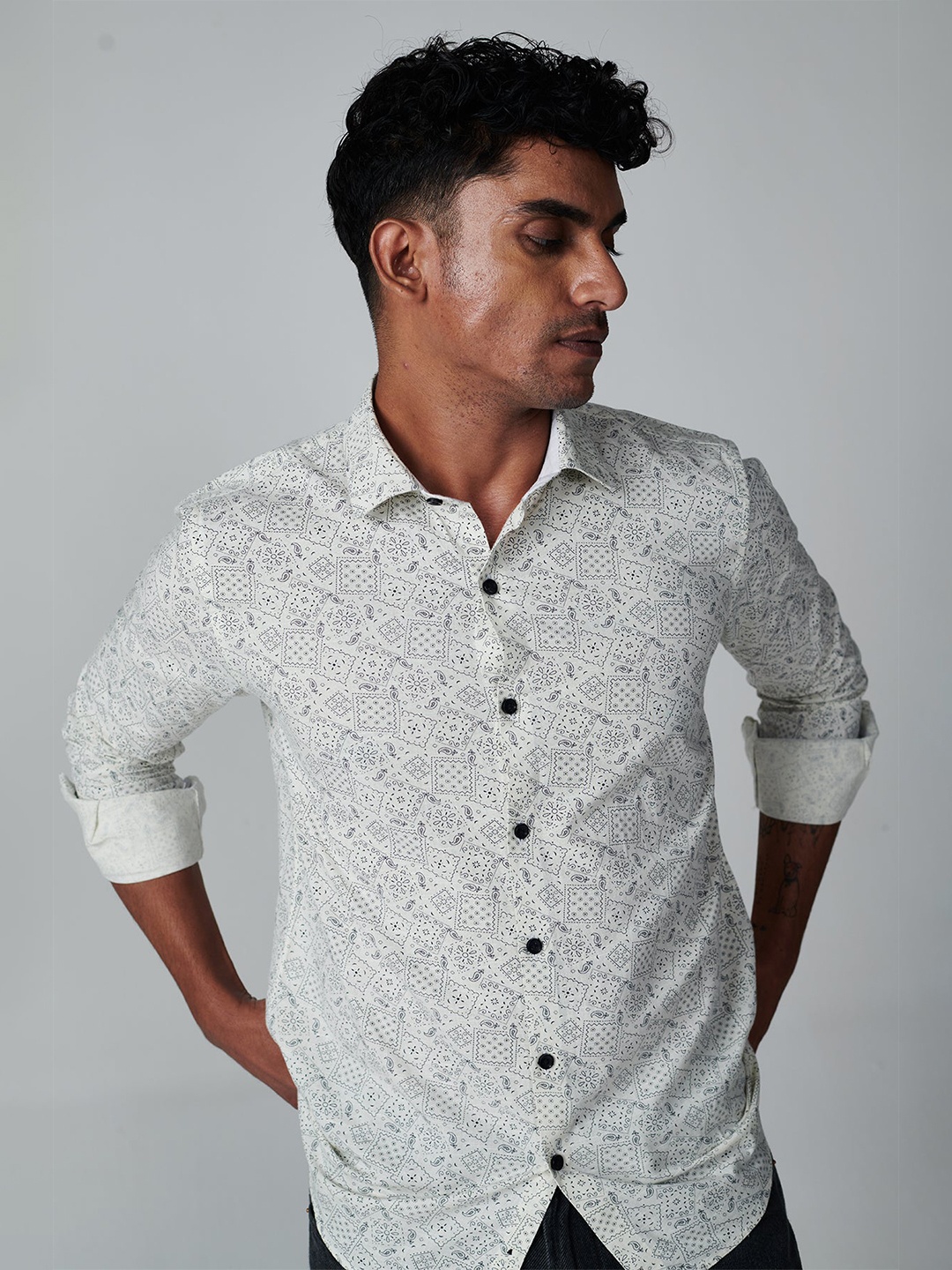 

OFFCUTS Classic Printed Cotton Linen Casual Shirt, Off white