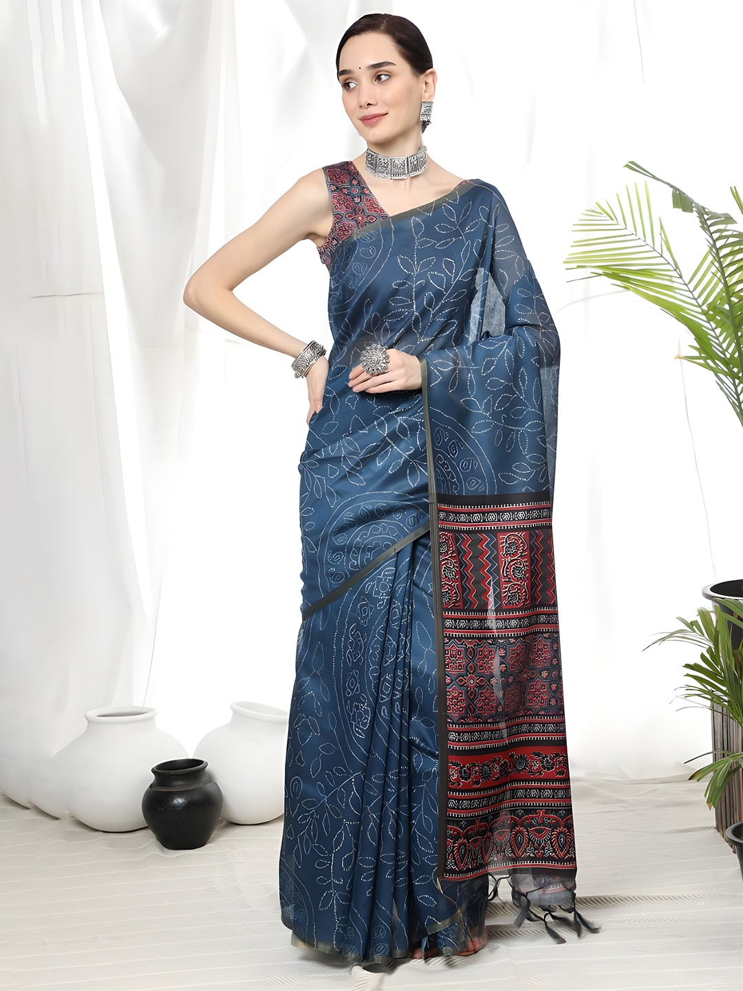 

Anouk Floral Printed Zari Saree, Teal